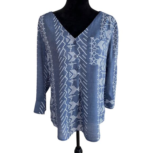 FRED DAVID BLUE AND WHITE GEO PRINT V/NECK PULLOVER TUNIC BLOUSE Sz -M - Picture 1 of 9